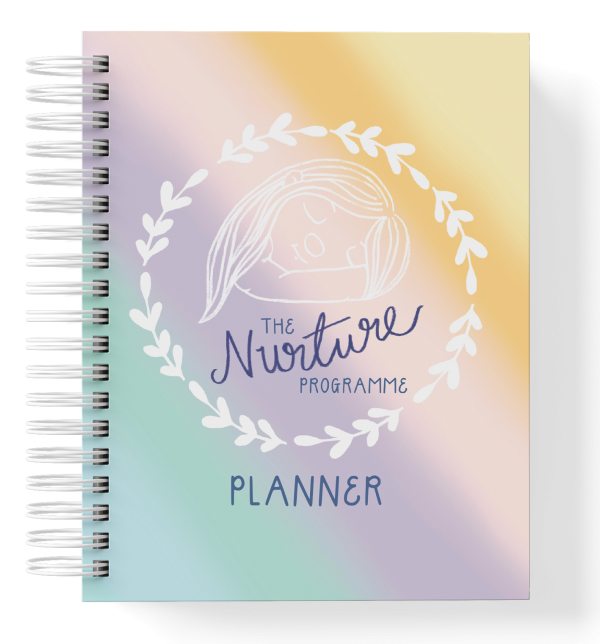 Front cover of the adults planner, with a diagonal rainbow background in pastel colours. The Nurture Programme Logo is over the top and underneath in capital letters is the word PLANNER